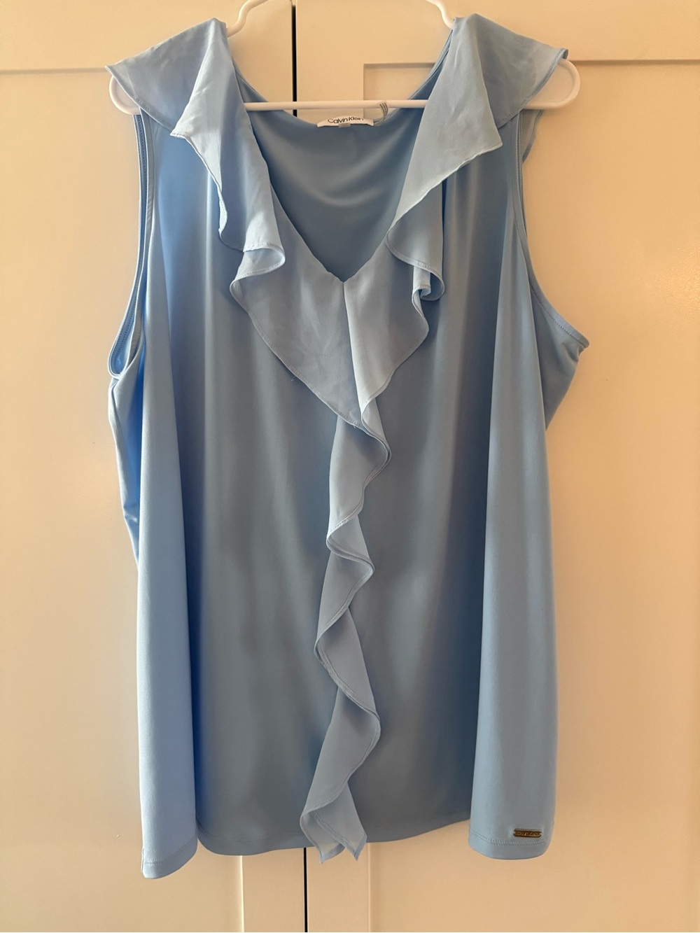 Calvin Klein 3X Sky Blue Ruffle Front Sleeveless Blouse Plus Size Workwear